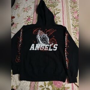 Black Graphic Hoodie with Praying Hands Design.City of ANGELS 93‎